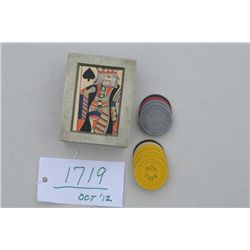 Antique metal faro card dealing device with  old cards in overall very good condition with  stamped 