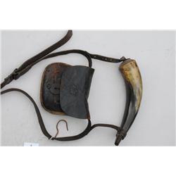 Classic old large powder horn with heavy  leather hunting bag; horn is well-worn and in  overall goo