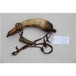 Classic style powder horn and small priming  horn set with old leather thong strap; the  horn is app
