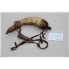 Image 1 : Classic style powder horn and small priming  horn set with old leather thong strap; the  horn is app
