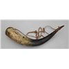 Image 1 : Old heavily carved powder horn approx. 15”  overall with wood plug and wood cap; scenes  include a m
