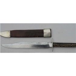 George Butler & Co., Trinity Works, Sheffield  marked spear point Bowie with stag grip and  scabbard