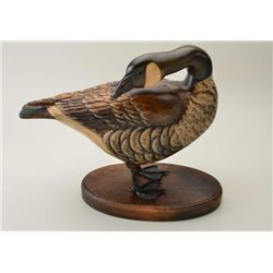 Art carving of duck nicely painted with  bronze feet, glass eyes, signed on base “Tom  Tab and John 