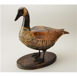 Art carving of duck nicely painted with  bronze feet, glass eyes, signed on base “Tom  Tab and John 