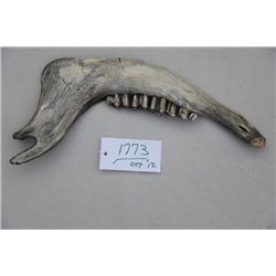 Large old jawbone with carving of an Indian  face, approx. 15” overall with a row of large  teeth st