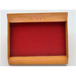 Small wood standing knife display case marked  “Wostenholm’s Celebrated I*XL Cutlery  Sheffield Engl