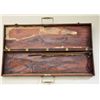 Image 5 : Older wooden carry case with metal corners,  double front latches and two-piece metal  handle, appro