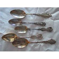 (5) Solid Silver Spoons to include: a) Embossed silver Spoon-Etched "Antwerp, N.Y." Marked Sterling.