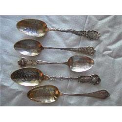 (5) Solid Silver Collector's Spoons to include: a) Embossed handle inscribed "Jennie" etched view "S