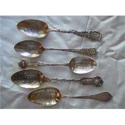 (5) Solid Silver Collector's Spoons to include: a) Embossed handle inscribed "Jennie" etched view "S