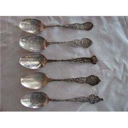 (5) Solid Silver Collector's Spoons to include: a) Embossed flowered handle-etched "Harrisville, N.Y