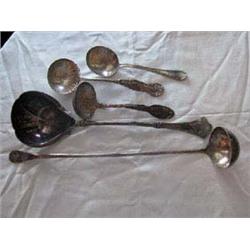 (5) Solid Silver Collector's Ladles to include: a) Soup Ladle-Embossed w/daffodils-condition shows m