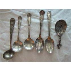 (6) Collectable spoons to include: a) Monk spoon embossed handle w/2 children, embossed ladle type e