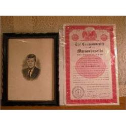 Early photo engraving of John F. Kennedy. 8 1/2" x 11 5/8" image. 1940's wooden frame. With $1000 Co