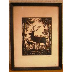 Silhouette Art of Elk-Signed by F. Kaskeline-ca 1930's. 5 5/8"x 7 1/4"-cutout on cream background 9.