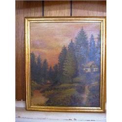 Beautiful old oil on canvas-Devoe stretcher. 12"x10" image. Unsigned. Cottage wooded scene at sundow