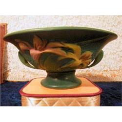 Roseville Handled compote-Base mark 8-10" U.S.A. Rich, Impressive color, no chips or cracks. APV $12