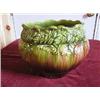 Image 1 : Large old McCoy JardiniFre-brown and green. Embossed pattern and leaf scalloped top. Repaired nic in