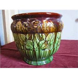 Large old green and brown embossed leaf and pattern JardiniFre. 9 3/4" tall. 11" at widest point. Ha