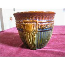 Tulip and pattern, green and brown JardiniFre. 6" tall, 7 1/4" wide, one small flake inside. APV $40