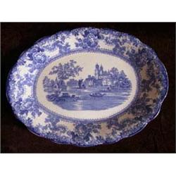 Staffordshire 12" Oval Blue and White Platter. Marked Colonial Potter, Stoke England. "To Go" No chi