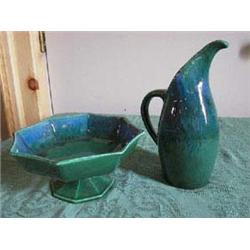 (2) Pieces Royal Haeger-matching 10" pitcher and 9 1/2" compote. Deep greens and blues. Base Marks:.