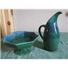 Image 1 : (2) Pieces Royal Haeger-matching 10" pitcher and 9 1/2" compote. Deep greens and blues. Base Marks:.