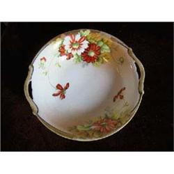 Beautiful Nippon Floral Bowl w/pierced handles-9 1/2". Marked Green "M" in wreath. Gold rim shows so