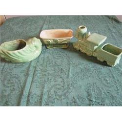 (3) Pieces-Old green planters-scroll, seashell, and train. Train has chip on left side of cowcatcher