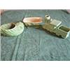 Image 1 : (3) Pieces-Old green planters-scroll, seashell, and train. Train has chip on left side of cowcatcher