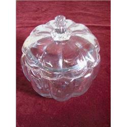 Glass Molded Pumpkin Biscuit Jar w/cover. 7" tall. APV $30.00-$40.00...