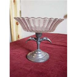 Older Pressed Glass Compote on a silver plate finely accented tulip base. 71/2" tall. APV $75.00-$85