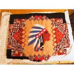 Hand Hooked Rug, mostly complete. Indian in Headdress. Marked Lilly Art, 145 LL-Swann Fluff Rug Foun