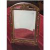 Image 1 : Art Nouveaux Pierced and Floral Iron Frame with worn Brass Finish Dresser Mirror. Has beveled glass.