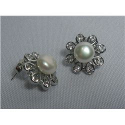 WHITE PEARL FLOWER CZ EARRINGS;