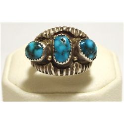 Old Pawn Navajo Stormy Mountain Turquoise Sterling Silver Men's Ring - Philander Begay