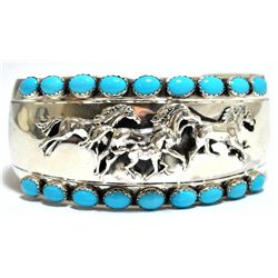 Old Pawn Navajo Turquoise Sterling Silver Running Horses Cuff Bracelet - Emer Thompson