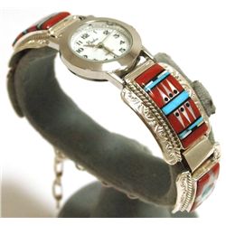 Zuni Multi-Stone Inlay Sun Face Link Bracelet Women's Watch - Raylan & Patty Edaakie