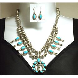 Navajo Turquoise Sterling Silver Squash Blossom Necklace & Earrings Set - LFK