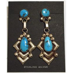 Old Pawn Navajo Sleeping Beauty Turquoise Sterling Silver Earrings - Julie O. Lahi