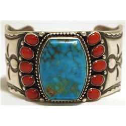 Old Pawn Navajo Coral & Turquoise Sterling Silver Cuff Bracelet - Rick Martinez