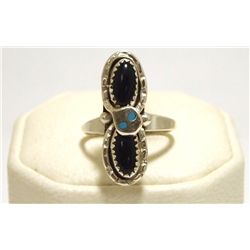 Zuni Onyx & Turquoise Sterling Silver Snake Women's Ring - Effie Calavaza