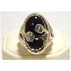 Zuni Onyx & Turquoise Sterling Silver Snake Men's Ring - Effie Calavaza