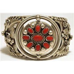 Old Pawn Navajo Coral Sterling Silver Spinner Watch Cuff Bracelet - LN