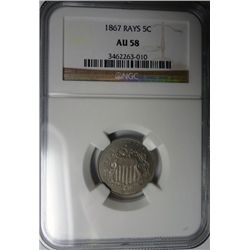 1867 RAYS SHIELD NICKEL NGC AU58