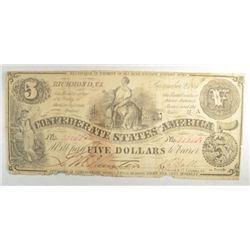 1861 $5.00 CONFEDERATE BILL VG