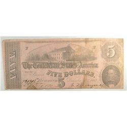 1862 $5.00 CONFEDERATE BILL VG