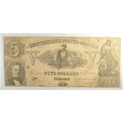 1861 $5.00 CONFEDERATE BILL VG