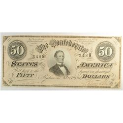 1864 $50.00 CONFEDERATE BILL AU