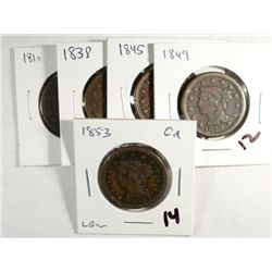 LARGE ONE CENT: 1810G+, 1838 VG, 1845 VF CORRODED, 1849F CORRODED, 1853 VG